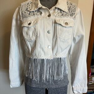 Cropped White Lace & Fringe Denim Jacket